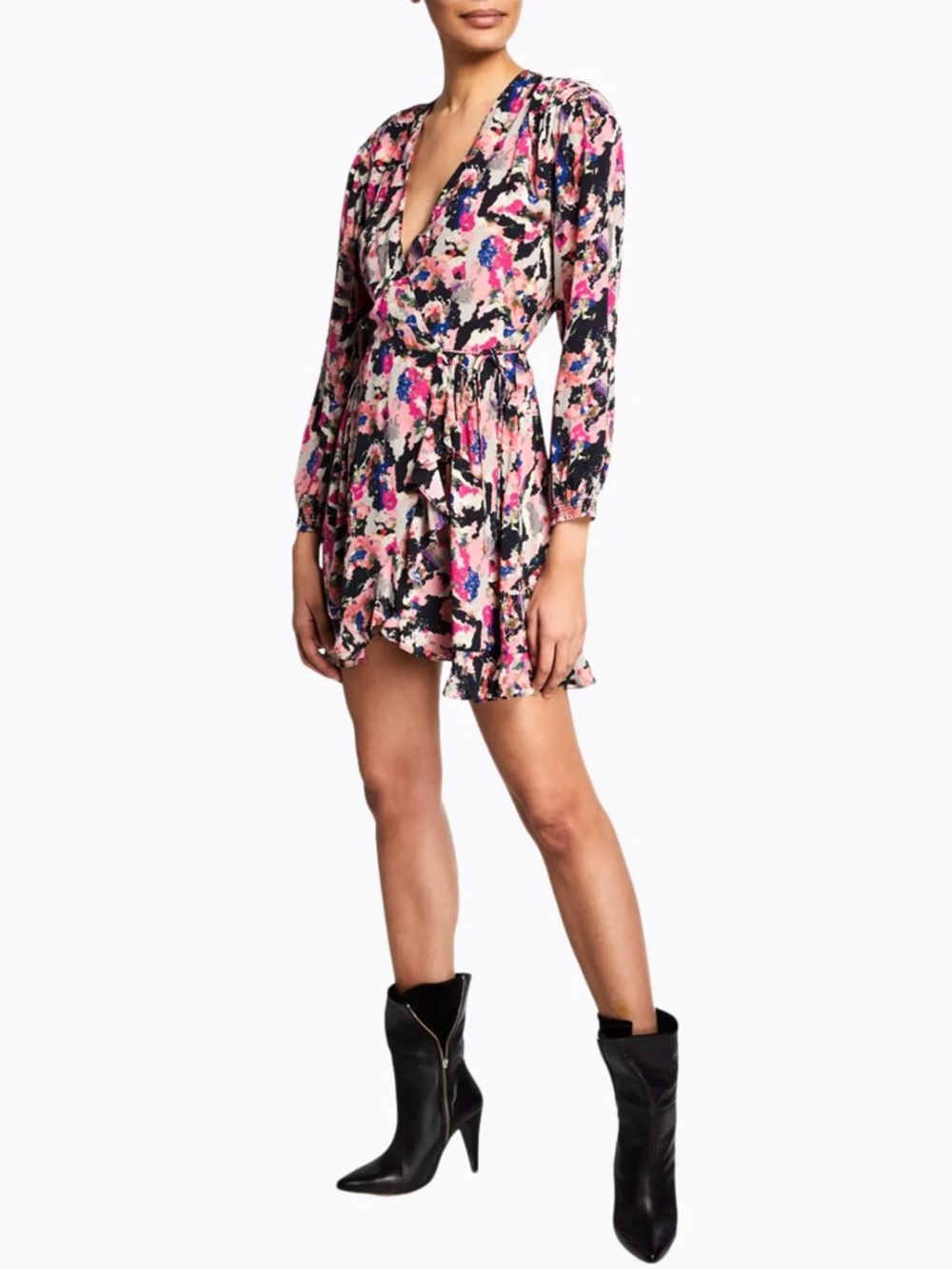 NWT IRO Bloomy Silky Floral Ruffle Trim Long Sleeve  Mini Wrap Dress